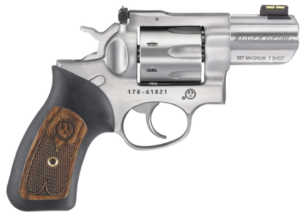 Picture of Ruger Gp100 357 Mag 2.50" Barrel 7Rd Cylinder, Satin Stainless Steel Frame, Cushioned Rubber With Hardwood Insert Grip, Transfer Bar Safety 