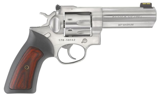 Picture of Ruger Gp100 357 Mag 4.20" Barrel 7Rd Cylinder, Satin Stainless Steel Frame, Cushioned Rubber With Hardwood Insert Grip, Transfer Bar Safety 