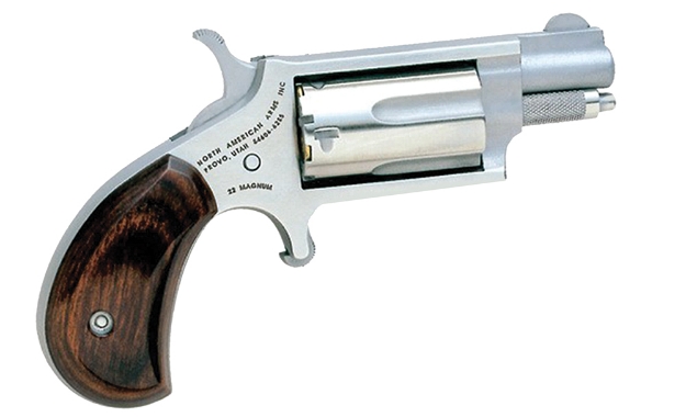 Picture of North American Arms Mini-Revolver 22 Lr Or 22 Wmr Caliber With 1.13" Barrel, 5Rd Capacity Cylinder, Overall Stainless Steel Finish & Rosewood Birdshead Grip Includes Cylinder 