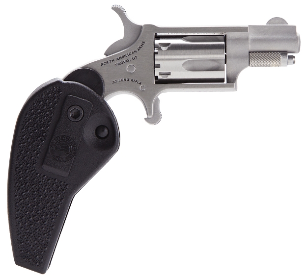 Picture of North American Arms Mini-Revolver 22 Lr Caliber With 1.13" Barrel, 5Rd Capacity Cylinder, Overall Stainless Steel Finish & Black Synthetic Holster Grip 