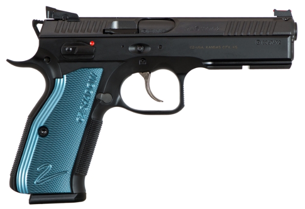 Picture of Cz-Usa Shadow 2 Sa/Da 9Mm Luger 4.89" 17+1 Overall Black Nitride Finish With Inside Railed Steel Slide, Blue Aluminum Grip, Non-Tilted Barrel & Picatinny Rail 