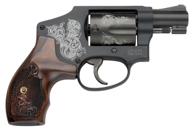 Picture of Smith & Wesson Model 442 38 S&W Spl +P 1.88" Engraved Black Carbon Steel Barrel & 5Rd Cylinder, Engraved Black Aluminum J-Frame, Engraved Wood Grip, Mahogany Presentation Case 