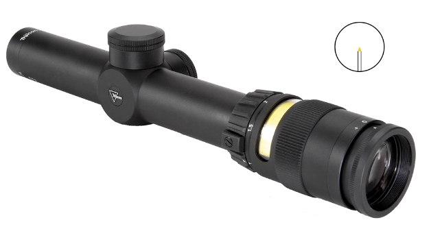 Picture of Trijicon Accupoint Black Hardcoat Anodized 1-4X 24Mm 30Mm Tube Illuminated Amber Triangle Post Reticle 