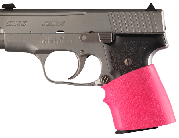 Picture of Hogue Handall Jr. Grip Sleeve Small Size Made Of Rubber With Textured Pink Finish & Finger Groove For Most 22, 25 & 38 Pistols 