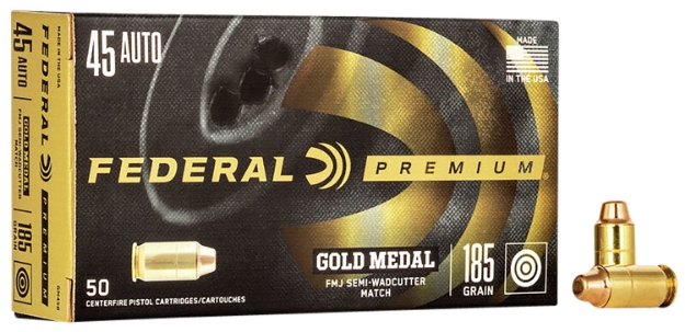 Picture of Federal Premium Gold Medal 45 Acp 185 Gr 770 Fps Full Metal Jacket Semi-Wadcutter (Fmjsw) 50 Bx/20 Cs 