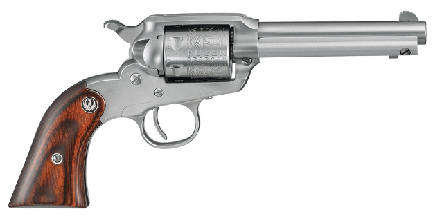 Picture of Ruger Bearcat 22 Lr Satin Stainless Steel 4.2" Barrel & 6Rd Unfluted Engraved Cylinder, Hardwood Grip, Blade Front/Integral Notched Rear Sights 