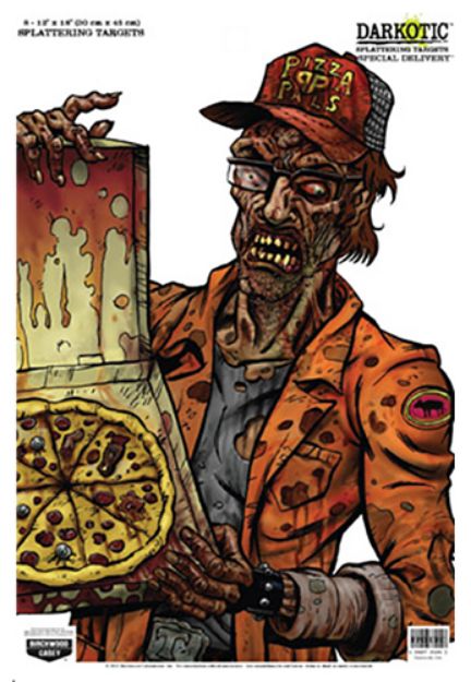 Picture of Birchwood Casey Darkotic Special Delivery Zombie Pizza Delivery Paper Hanging Universal 12" X 18" Multi-Color 8 Per Pkg 