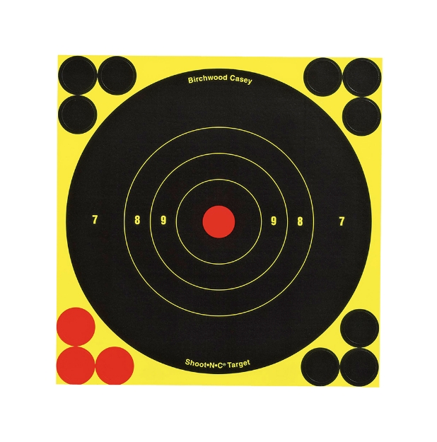 Picture of Birchwood Casey Shoot-N-C Self-Adhesive Paper Black/Yellow 6" Bullseye Includes Pasters 12 Pk 