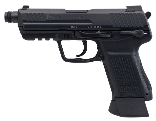 Picture of Hk Hk45 Compact 45 Acp 10+1 4.57" Steel Threaded Barrel Black Serrated Slide Black Polymer Frame W/Picatinny Rail & Serrated Trigger Guard Black Interchangeable Backstrap Grips Ambidextrous 