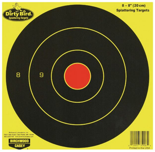 Picture of Birchwood Casey Dirty Bird 8" Bullseye Paper Hanging Universal Black/Yellow 8 Per Pkg 