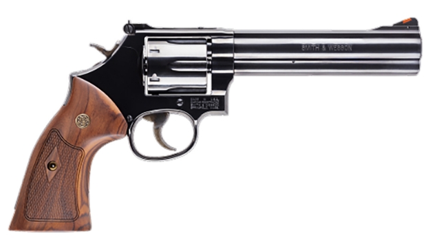 Picture of Smith & Wesson Model 586 Classic 357 Mag Or 38 S&W Spl +P Blued Carbon Steel 6" Barrel, 6Rd Cylinder & Square Butt L-Frame, Wood Grip With S&W Medallions 