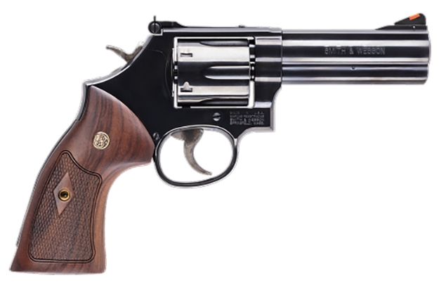 Picture of Smith & Wesson Model 586 Classic 357 Mag Or 38 S&W Spl +P Blued Carbon Steel 4" Barrel, 6Rd Cylinder & L-Frame, Wood Grip With S&W Medallions 