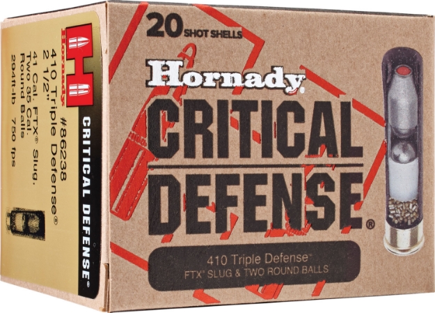 Picture of Hornady Critical Defense Triple Defense 410 Gauge 2.50" 750 Fps 2 Round Balls/1 Ftx Slug 20 Bx/10 Cs 