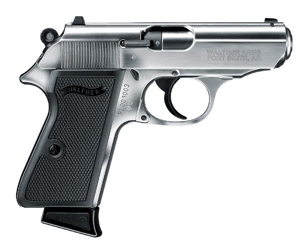 Picture of Walther Arms Ppk/S 22 Lr 10+1 3.30" Steel/Threaded Barrel, Nickel Serrated/Steel Slide, Stainless Zinc Alloy Frame W/Beavertail, Black Checkered Polymer Grips 