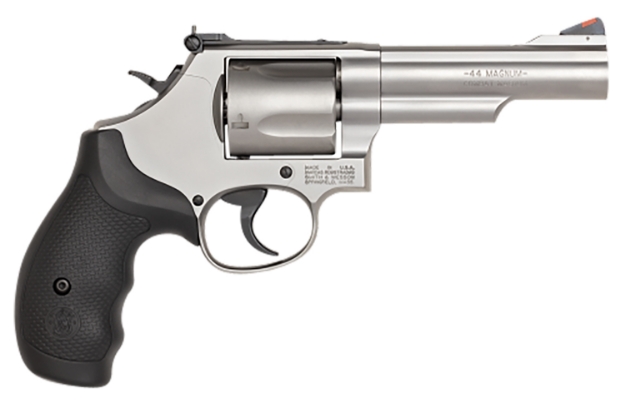 Picture of Smith & Wesson Model 69 44 Rem Mag Or 44 S&W Spl Stainless Steel 4.25" 2 Piece Barrel & 5Rd Cylinder, Matte Stainless Steel L-Frame, Full Stop Strap & Barrel Serration, Internal Lock 