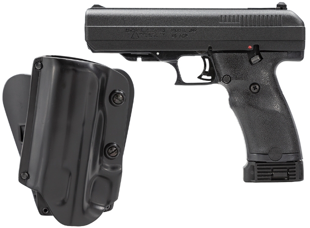 Picture of Hi-Point Model Jhp 45 Acp Caliber With 4.50" Barrel, 9+1 Capacity, Overall Black Finish, Picatinny Rail Frame, Serrated Steel Slide & Polymer Grip Includes Galco M5x Holster 