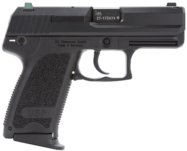 Picture of Hk Usp Compact V1 9Mm Luger Caliber With 3.58" Barrel, 13+1 Capacity, Overall Black Finish, Serrated Trigger Guard Frame, Serrated Steel Slide, Polymer Grip & Night Sights Includes 3 Mags 