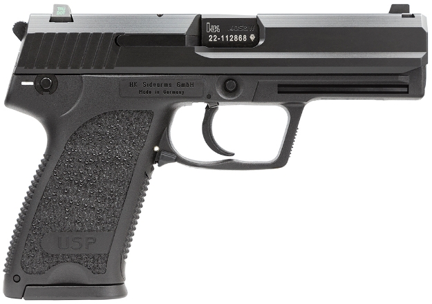 Picture of Hk Usp V1 40 S&W Caliber With 4.25" Barrel, 13+1 Capacity, Overall Black Finish, Serrated Trigger Guard Frame, Serrated Steel Slide, Polymer Grip & Night Sights Includes 3 Mags 