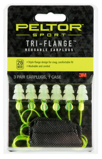 Picture of Peltor Tri-Flange Reusable Earplugs Polymer 26 Db In The Ear Yellow Buds With Yellow Cord Adult 3 Pair 