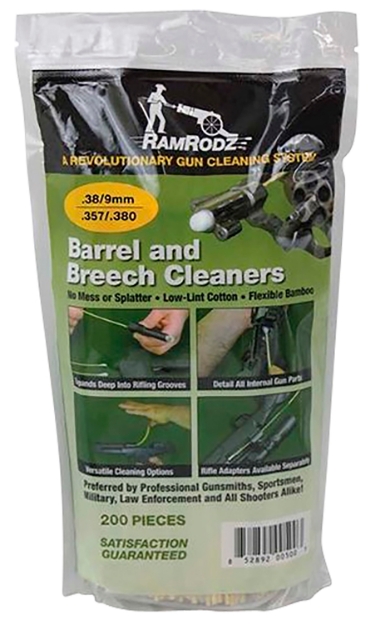 Picture of Ramrodz Barrel & Breech Cleaning Swabs 9Mm/38/380/357 Cal Handgun Firearm Cotton/Bamboo 8" Long 200 Per Pkg 