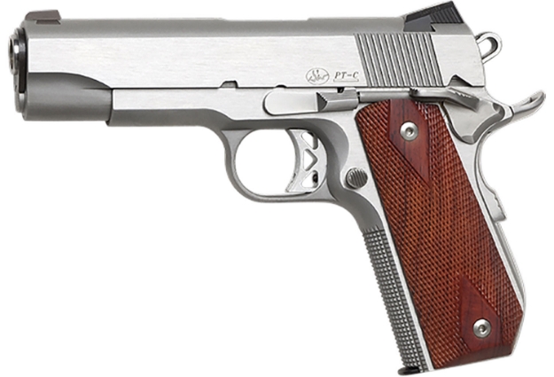 Picture of Dan Wesson Commander Classic *Ca Compliant 45 Acp Caliber With 4.25" Barrel, 8+1 Capacity, Overall Brushed Stainless Steel Finish, Bobtail Frame, Serrated Slide & Wood Grip 