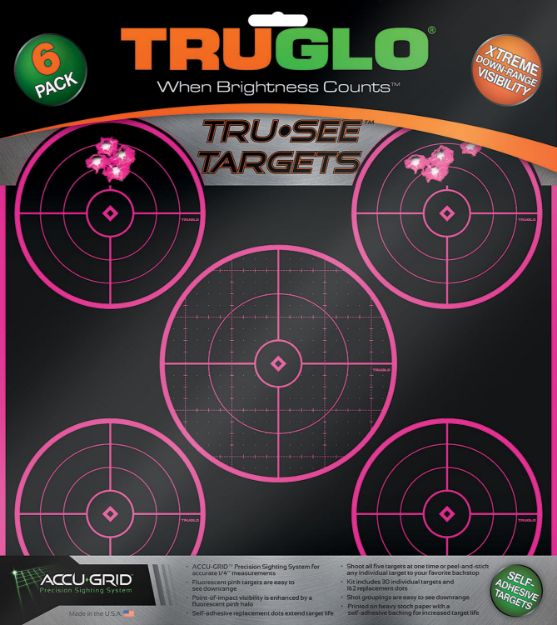 Picture of Truglo Tru-See Splatter Target Black/Pink Self-Adhesive Heavy Paper Universal Yes Impact Enhancement Pink 6 Pack Includes Pasters 