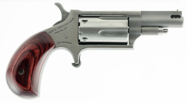 Picture of North American Arms Mini-Revolver 22 Lr Or 22 Wmr Caliber With 1.63" Ported Barrel, 5Rd Capacity Cylinder, Overall Stainless Steel Finish & Rosewood Birdshead Grip Includes Cylinders 