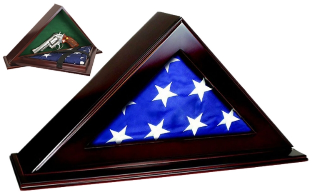 Picture of Peace Keeper Patriot Flag Case Key Entry Mahogany Stain Wood Holds 1 Handgun 22" W X 4.25" D X 11.50" H 