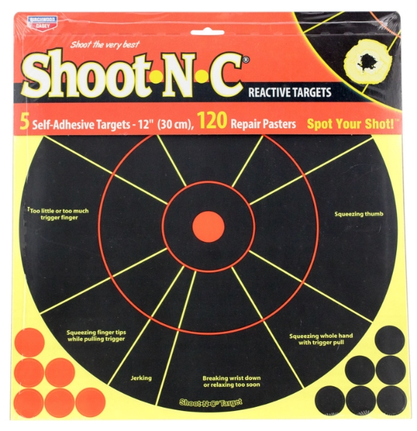 Picture of Birchwood Casey Shoot-N-C Handgun Trainer Self-Adhesive Paper Handgun Black/Yellow 12" Circle Includes Pasters 5 Pack 