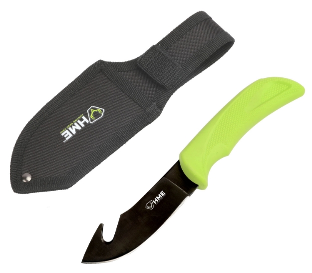 Picture of Hme Fixed Blade 3.50" Fixed Gut Hook Plain Black Oxide 420Hc Ss Blade/ Green Tpr Handle Includes Sheath 