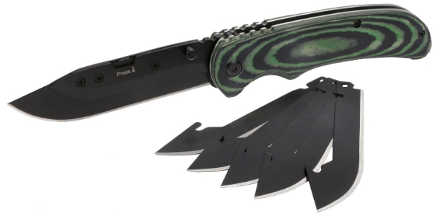 Picture of Hme Scalpel Knife W/Replacement Blades Folding Skinner Plain Black Oxide Black/Green Micarta Handle Includes 5 Replacement Blades 6 Blades 