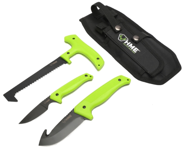 Picture of Hme 3-Piece Field Kit Fixed 420Hc Stainless Steel Black Oxide Thermoplastic Rubber Green 9.50" Gut Hook/8.75" Saw/7.50" Caper 