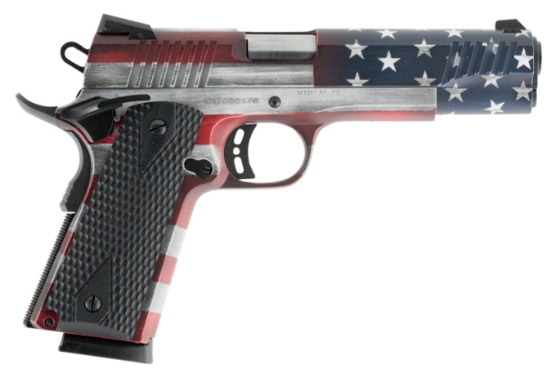 Picture of Citadel M1911 Government 45 Acp Caliber With 5" Barrel, 8+1 Capacity, American Flag Cerakote Finish Frame, Serrated Slide, Black G10 Grip & 70 Series Firing System Includes 2 Mags 