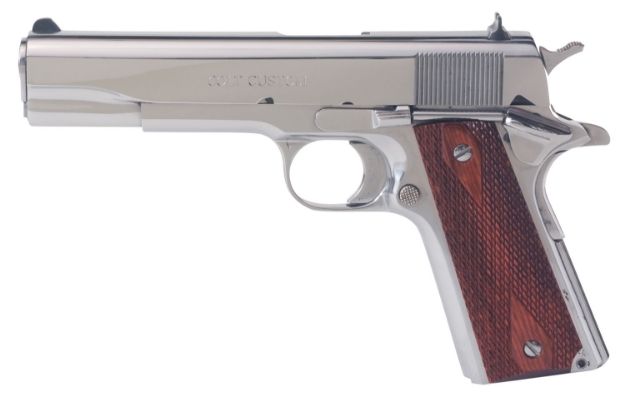 Picture of Colt Mfg 1911 Government 45 Acp Caliber With 5" National Match Barrel, 7+1 Capacity, Stainless Steel Finish Frame, Serrated Slide & Redwood Grip 