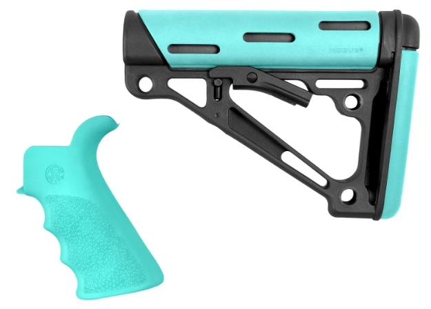 Picture of Hogue Overmolded 2-Piece Kit Collapsible Aqua Overmolded Rubber Black & Aqua Rubber Grip For Ar15, M16 With Commercial Tube (Tube Not Included) 