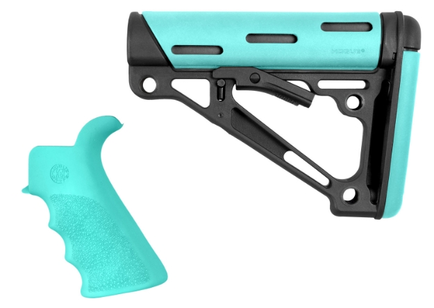 Picture of Hogue Overmolded 2-Piece Kit Collapsible Aqua Overmolded Rubber Black & Aqua Rubber Grip For Ar15, M16 With Mil-Spec Tube (Tube Not Included) 