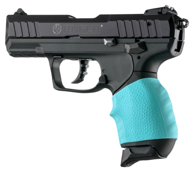 Picture of Hogue Handall Jr. Grip Sleeve Small Size Made Of Rubber With Textured Aqua Blue Finish & Finger Groove For Most 22, 25 & 38 Pistols 