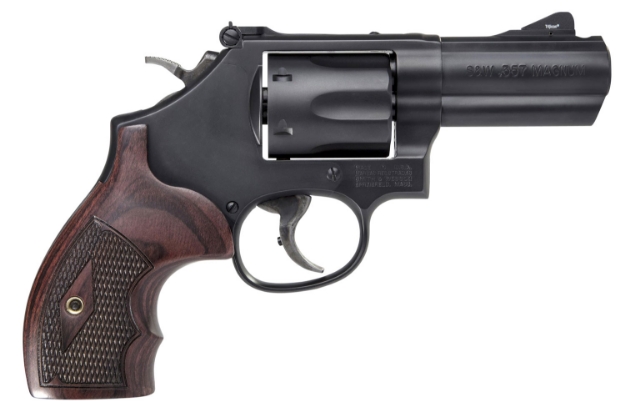 Picture of Smith & Wesson Model 19 Performance Center Carry Comp 357 Mag Or 38 S&W Spl +P 3" Powerport Black Stainless Steel Barrel, Black Carbon Steel 6Rd Cylinder & K-Frame, Finger Grooved Wood Grip 