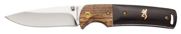 Picture of Browning Buck Mark Hunter 3" Folding Drop Point Plain Mirror Polished 8Cr13mov Ss Blade/Black/Brown W/Finger Grooves Hardwood Handle Includes Pocket Clip 