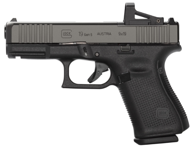 Picture of Glock G19 Gen5 Compact Mos 9Mm Luger 4.02" 10+1 Overall Black Finish With Ndlc Steel With Front Serrations & Mos Cuts Slide, Rough Texture Interchangeable Backstraps Grip & Fixed Sights 