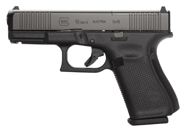 Picture of Glock G19 Gen5 Compact Mos 9Mm Luger 4.02" 15+1 Overall Black Finish With Ndlc Steel With Front Serrations & Mos Cuts Slide, Rough Texture Interchangeable Backstraps Grip & Fixed Sights 