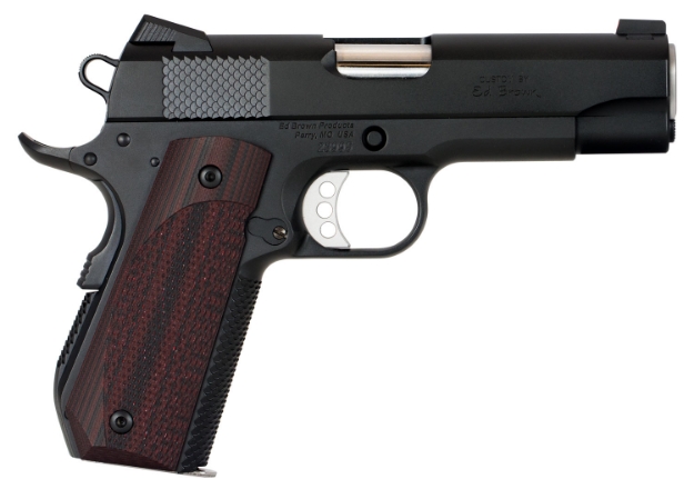 Picture of Ed Brown 1911 Kobra Carry 45 Acp 7+1 4.25" Recessed Crown Barrel, Snakeskin Serrated Black Gen4 Carbon Steel Frame/Slide W/Bobtail Housing, Laminate Wood Grip 