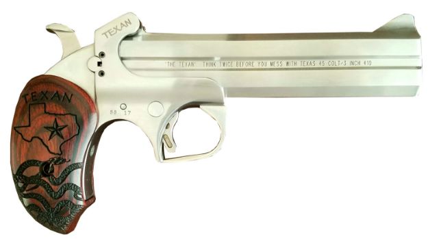 Picture of Bond Arms Texan Derringer Single 45 Colt (Lc)/410 Gauge 2Rd, 6" Stainless Steel Double Barrel & Frame, Blade Front/Fixed Rear Sights, Custom Engraved Rosewood Grip, Manual Safety 