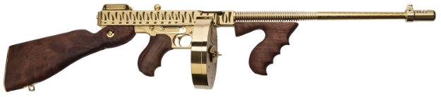 Picture of Thompson 1927A-1 Deluxe 45 Acp Caliber With 16.50" Barrel, 20+1 Capacity (Stick), 50+1 Capacity (Drum), Gold W/Tiger Stripe Metal Finish, American Walnut Stock Wood Grip Right Hand 