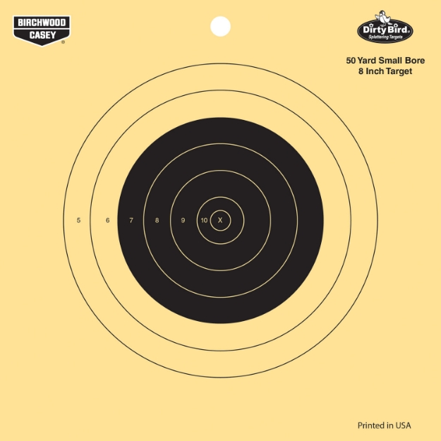 Picture of Birchwood Casey Dirty Bird 50Yd Small Bore 8" Bullseye Tagboard Hanging 50 Yds Small Bore Rifle Black/Yellow 25 Per Pkg 