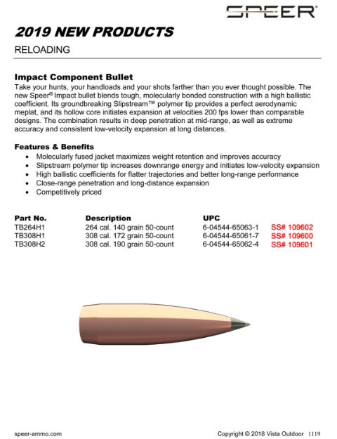 Picture of Speer Impact 6.5 Creedmoor .264 140 Gr Slipstream Polymer Tip 