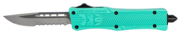 Picture of Cobratec Knives Ctk-1 Small 2.75" Otf Drop Point Part Serrated D2 Steel Blade/ Tiffany Blue Aluminum Handle Features Glass Breaker Includes Pocket Clip 