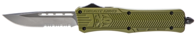 Picture of Cobratec Knives Ctk-1 Medium 3" Otf Drop Point Part Serrated D2 Steel Blade/Od Green Aluminum Handle Features Glass Breaker Includes Pocket Clip 