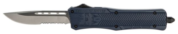 Picture of Cobratec Knives Ctk-1 Medium 3" Otf Drop Point Part Serrated D2 Steel Blade/Nypd Blue Aluminum Handle Features Glass Breaker Includes Pocket Clip 