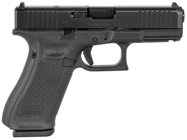 Picture of Glock G45 Gen5 Compact Mos 9Mm Luger 4.02" 10+1 Overall Black Finish With Ndlc Steel With Front Serrations & Mos Cuts Slide, Rough Texture Interchangeable Backstraps Grip & Fixed Sights 